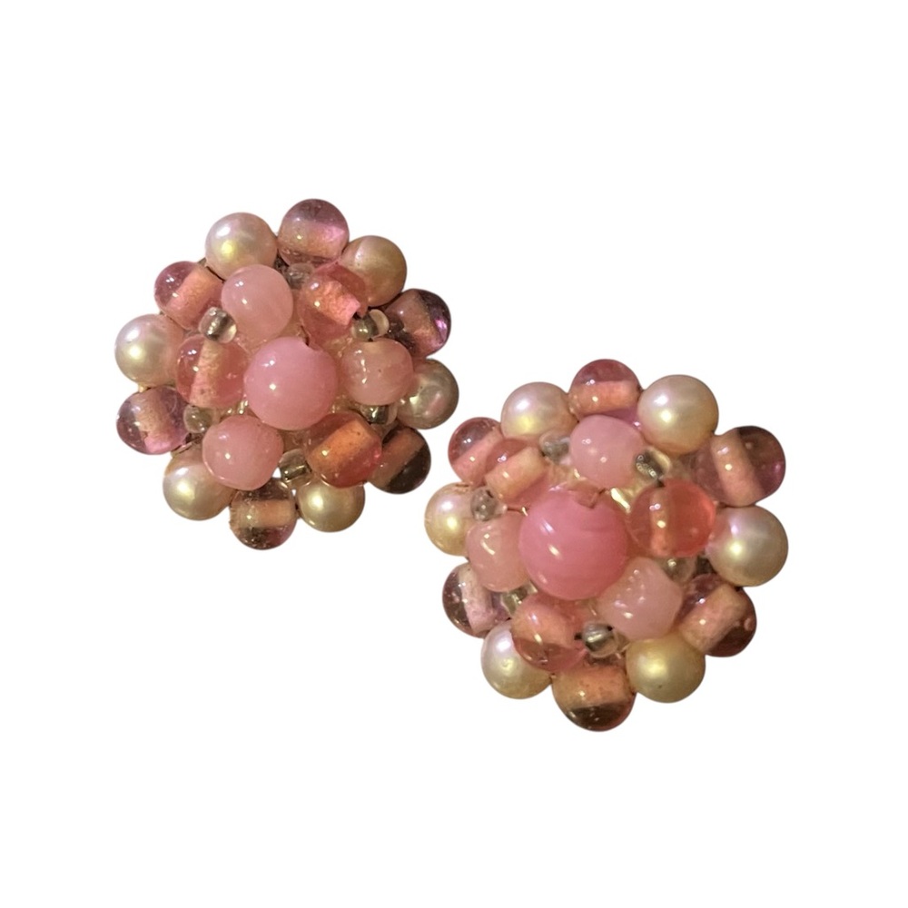 VTG. Stamped "JAPAN" Pink Pearl & Aurora Borealis Bead Cluster Clip-on Earrings
